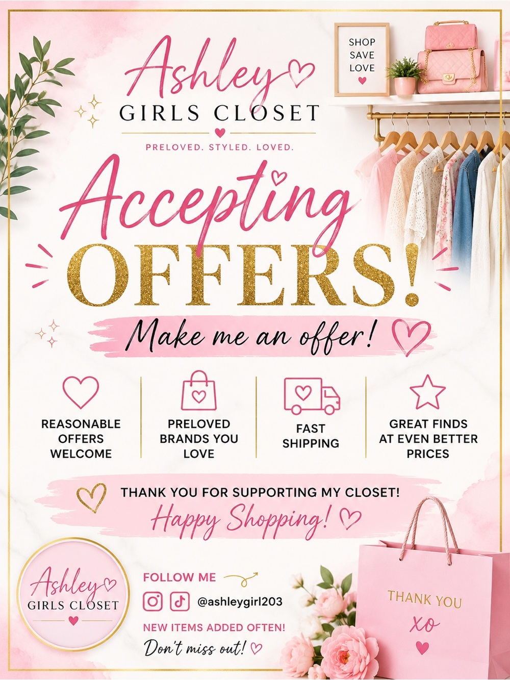 Ashley Girls Closet Accepting Offers Poster - Pink & Gold